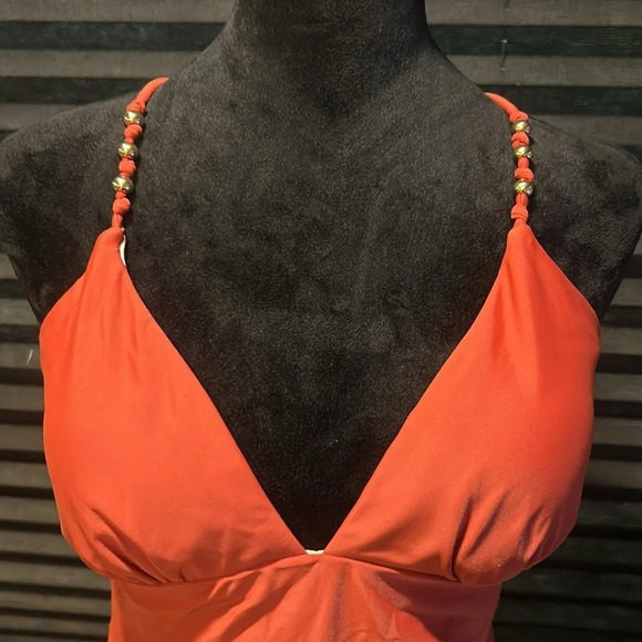 Cupshe Women’s Rust Red Tie Back Beaded Strap V-Neck One Piece Swimsuit Large - Picture 5 of 8